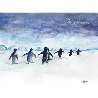 Penguins Walking Away by Welsh artist Rhian Owen